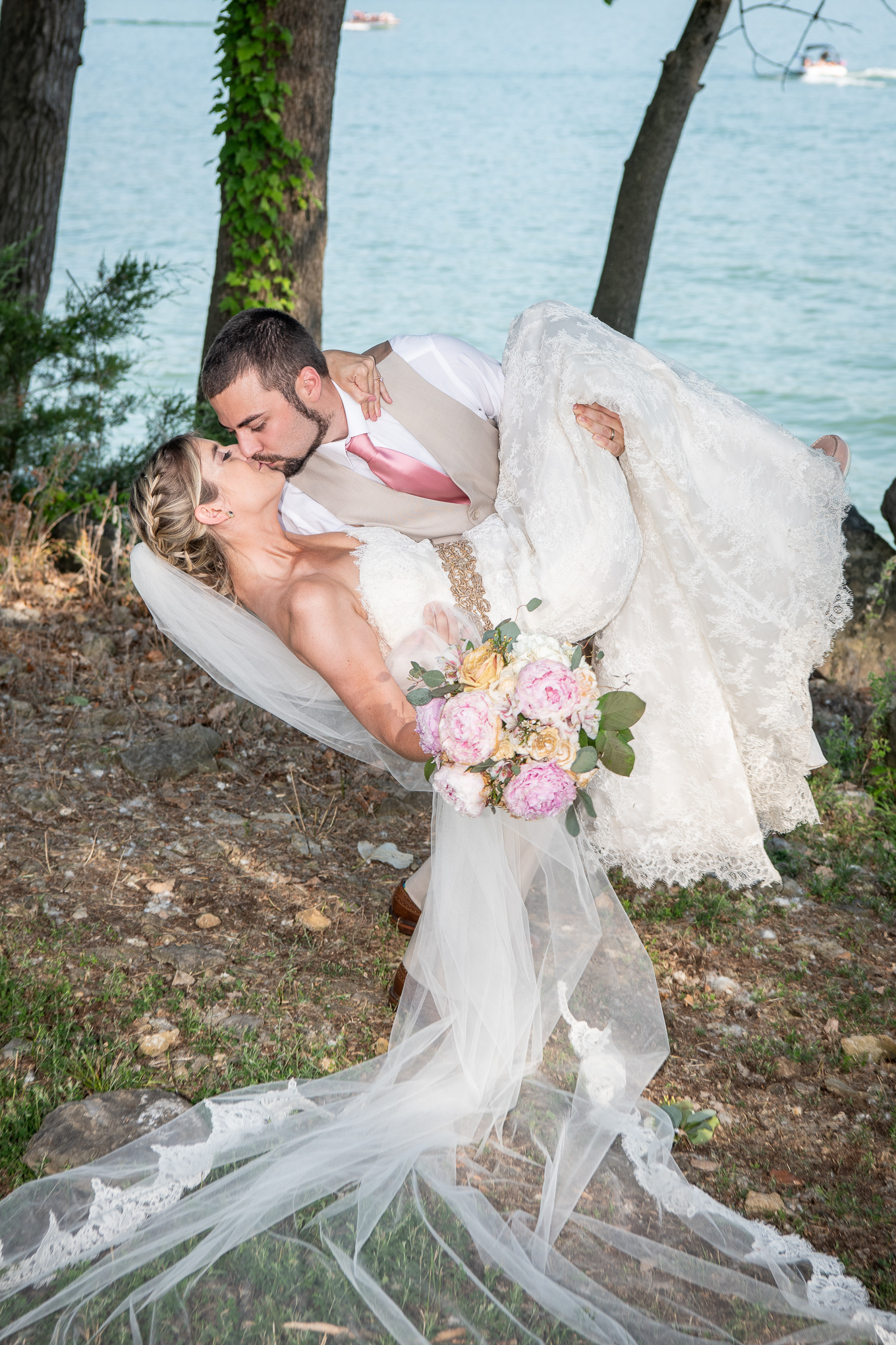 Bride and groom kiss 